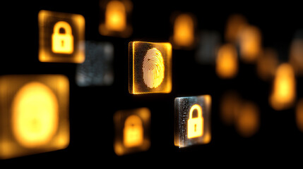 Glowing digital icons of fingerprint and padlock represent biometric security and data protection in a futuristic, tech-driven environment with a dark background