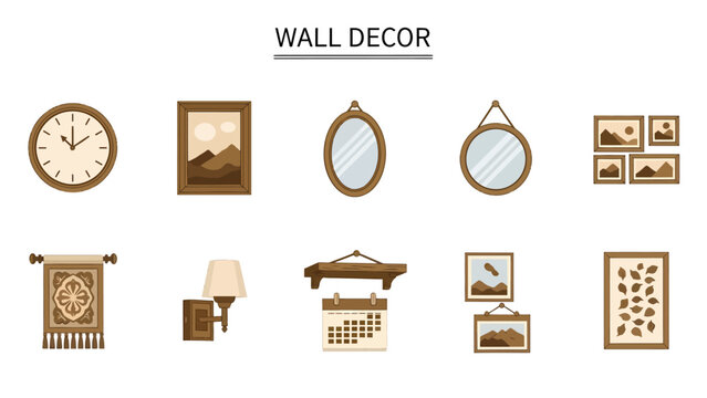Collection of ten browntoned wall decor icons including a clock mirrors and framed art