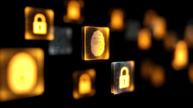 Glowing digital icons of fingerprint and padlock represent biometric security and data protection in a futuristic, tech-driven environment with a dark background - Powered by Adobe