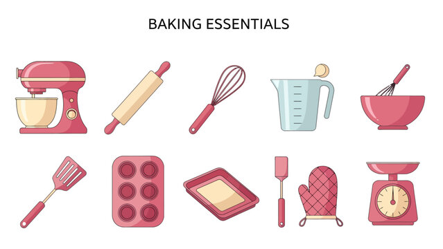 Ten pink and beige baking tools illustrated on a white background