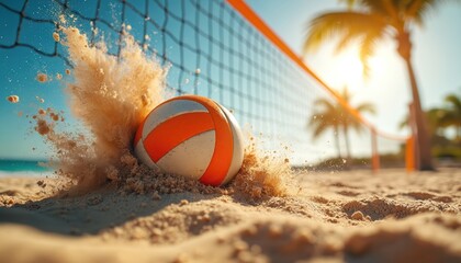 Obraz premium Beach volleyball hits sand with splash near net. Palm trees and ocean visible in background. Sunny day, action shot. Players compete in game.
