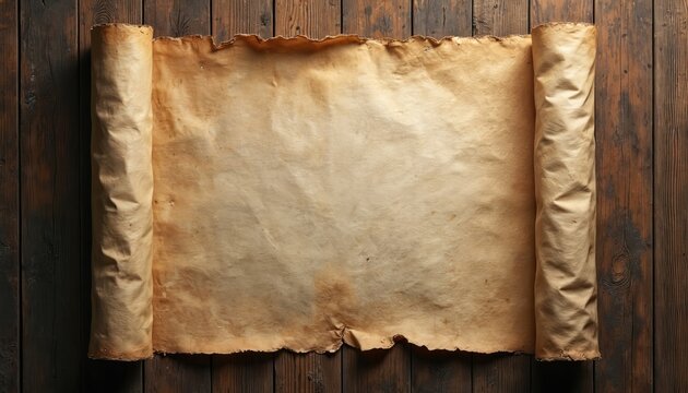 Unrolled ancient papyrus scroll with rough torn edges rests on dark wooden planks. Aged parchment shows stains, textured fiber surface. Empty blank paper awaits writing. Historical document backdrop