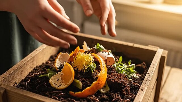Hand composting kitchen scraps into bin, emphasizing eco sustainability