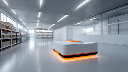 A sleek autonomous warehouse robot with orange lights navigates a spacious, modern storage facility lined with shelves and boxes, highlighting advanced automation technology