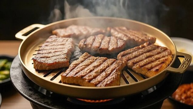 Delicious Steaks Grilling on a Hot Pan with Steam Rising.