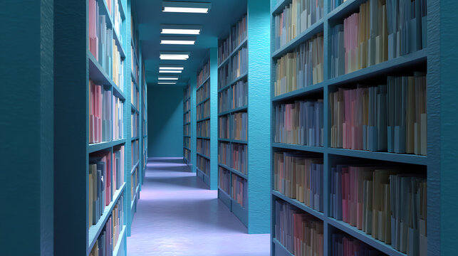 A brightly lit library aisle with tall blue bookshelves filled with neatly arranged books, creating a calm and orderly atmosphere for reading and studying