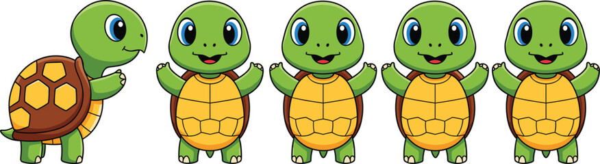 Cute turtle cartoon character turnaround set showing front and side views, smiling animal mascot for kids illustration and game design