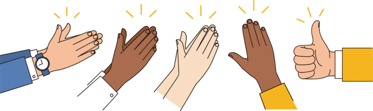 Diverse hands clapping and thumbs up gesture illustration set showing applause, approval and positive feedback in flat style