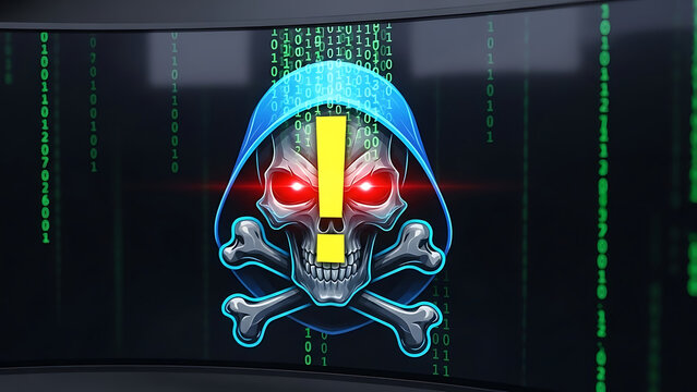 Dangerous hacker with skull and crossbones on computer screen - Powered by Adobe