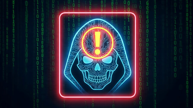 Cyber threat alert with skull and exclamation mark - Powered by Adobe
