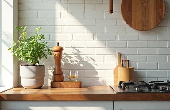 Bright kitchen counter with wooden elements. White tile backsplash shows plant shadows. Gas stove and utensils sit on wood surface, morning light streams in.