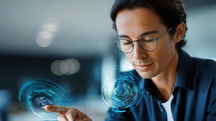 Focused researcher uses augmented reality to examine scientific data and digital holograms in a high tech laboratory. Futuristic interface highlights innovation in science and technology fields - Powered by Adobe