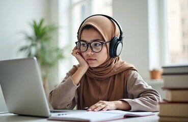 Young muslim girl wears hijab and headphones. She studies online on laptop computer at home. Female student learns lesson for education with notebook by her side. Woman focuses on screen.