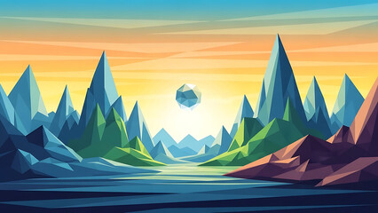 Geometric mountain landscape with crystal and water
