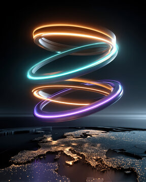 Hyper-realistic glowing ring chart of global GDP over dark world map outline