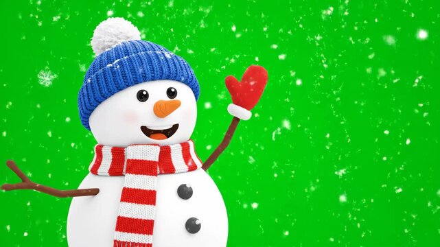Cheerful Snowman Illustration on Green Screen - A cheerful snowman with a red and white striped scarf and blue hat is displayed against a green screen background, with animated snowflakes falling