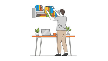 Fototapeta premium Person Filing Documents in Office Setting Illustrated with Laptop and Desk on White Background