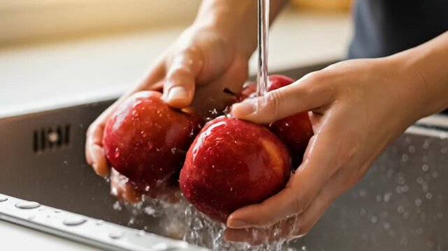 Person washing red apples in kitchen sink, shiny skins under natural light.