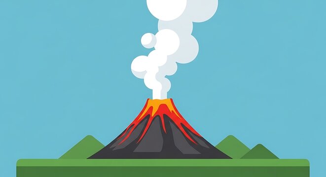 Cartoon Volcano Eruption with Lava Flow and Smoke Plume.