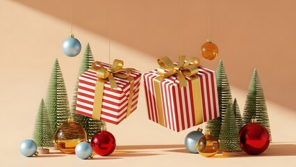 Two floating christmas gift boxes with miniature pine trees and ornaments