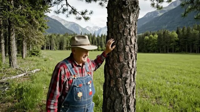 Elderly Farmer In Overalls And Hat Standing In A Grassy Field With Pine Forest And Snow Capped Mountains In The Background