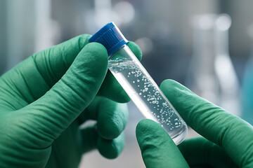 Researcher hands in green gloves holding a plastic test tube with blue cap and bubbling liquid for scientific analysis