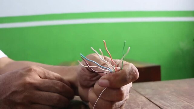 Network technician stripping and splicing local area network cables for internet