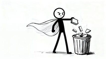 Caped Crusader: Stick Figure Hero Tossing Waste into Trash Bin