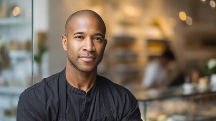 A professional chef poses in a contemporary restaurant, exuding confidence and approachability. The warm, inviting atmosphere highlights culinary expertise and hospitality