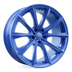 Obraz premium A single modern blue alloy car wheel is displayed against a clean white background in a studio showcasing its rim and spokes design.