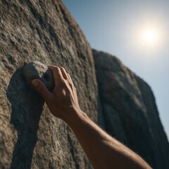 Man gripping rock climbing hold on outdoor cliff in sunny weather