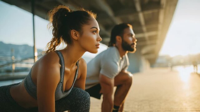Two determined athletes crouch in starting positions, ready to run beneath a city bridge in golden morning light. The scene highlights fitness, motivation, and contemporary urban exercise routines