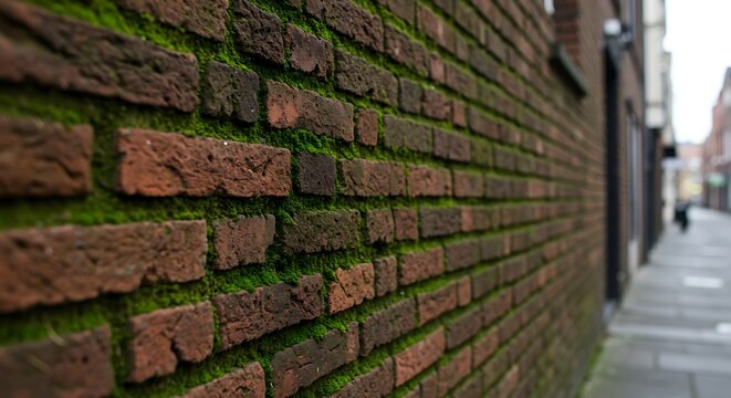 Weathered Brick: Moss Whispers on Old Town Wall