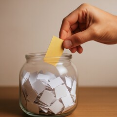 Hand placing yellow paper slip into glass jar filled with white paper slips