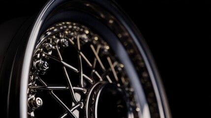 alloy. Polished metal wheel with intricate details, highlighted by studio lighting against a dark background. product launch decks.
