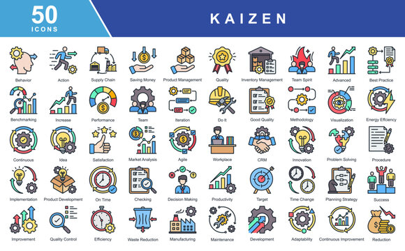 Kaizen icon set featuring continuous improvement,productivity,quality,efficiency,teamwork,innovation,and lean processes.Ideal for business,manufacturing,management,and operational excellence projects.