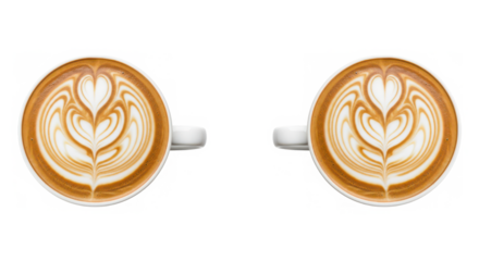 Two cups of latte art coffee isolated on a transparent background