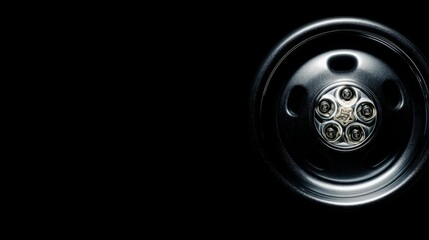alloy. Polished metal wheel with intricate details, highlighted by studio lighting against a dark background. product launch decks.
