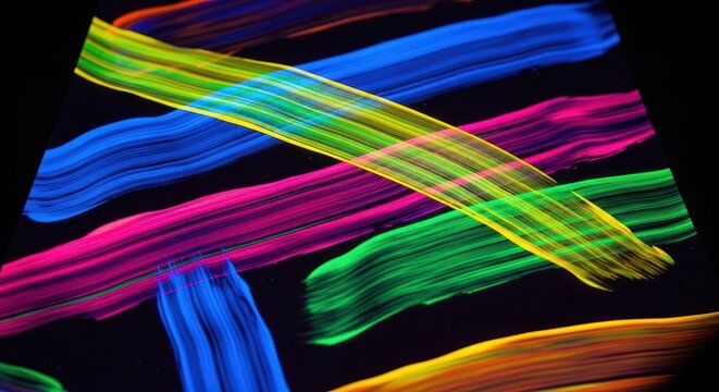 Vivid fluorescent paint strokes cross against a dark background in an abstract arrangement