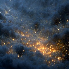 Fototapeta premium An ethereal galaxy of golden starlight twinkles amidst swirling, dark clouds in a celestial display of cosmic beauty and wonder.