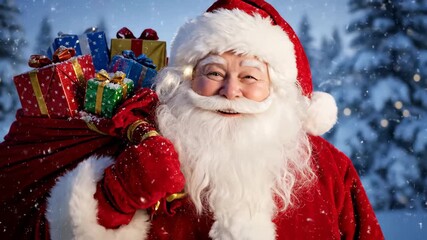 Smiling Santa Claus with Gift Bag - A friendly Santa Claus is smiling and carrying a large red sack filled with colorful presents in a snowy winter landscape.