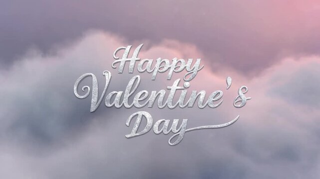 Animated silver 3D text 'Happy Valentine's Day' seamlessly floating above soft lavender and pink cumulus clouds in an ethereal, romantic, low-light digital scene.