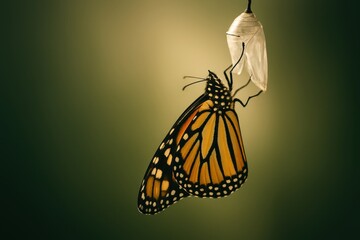 Monarch butterfly emerging from chrysalis in natural environment