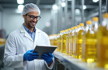 Man in lab coat and hairnet uses tablet on oil production line. Smiling worker checks bottles of refined sunflower oil on conveyor. Factory employee supervises product manufacturing.
