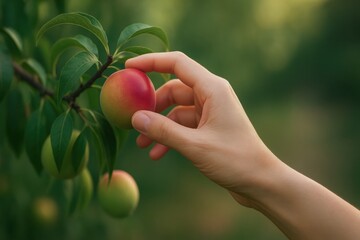 Hand picking ripe peach from tree in orchard during harvest season