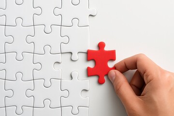 Hand placing red puzzle piece into white jigsaw puzzle on white background