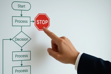 Businessman pointing at stop sign on flowchart decision process diagram