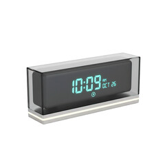 Modern digital alarm clock displaying current time and date