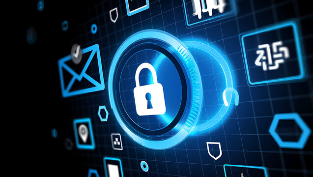 Digital security icons on futuristic interface screen - Powered by Adobe