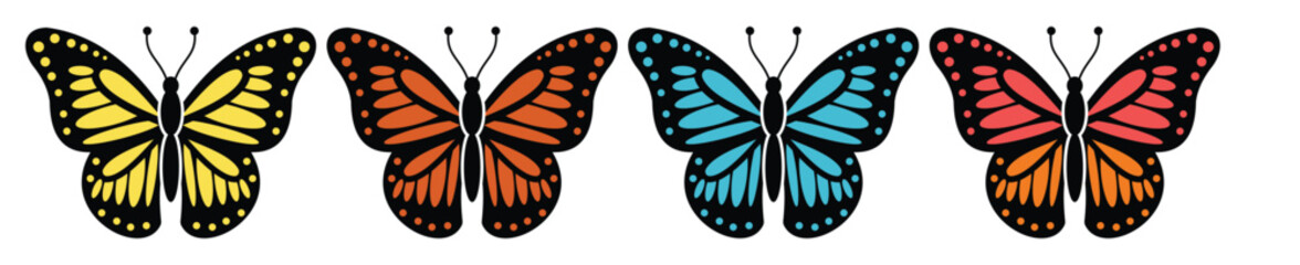 Monarch Butterfly Outline Silhouettes, Minimal Black Insect Shapes for Tattoo, Logo and Decorative Design.